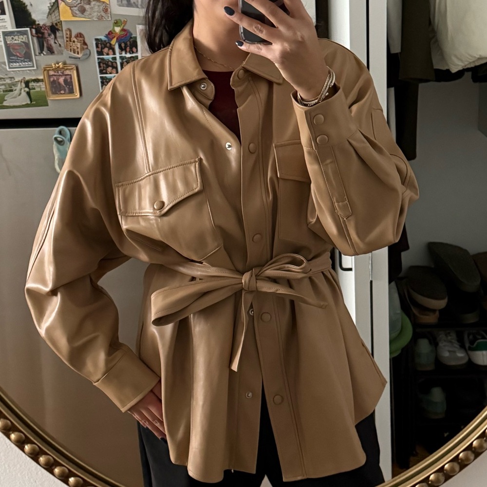 Mango Camel Belted Utility Shirt Jacket